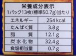 〈１パック13枚(50.7g)当たり〉 エネルギー　254kcal タンパク質　3.8g 脂質　12.1g 炭水化物　32.4g 食塩相当量　0.7g